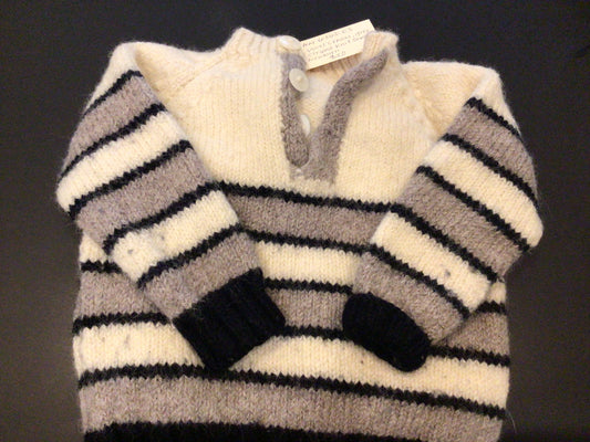 Consignment 6365-03 Wool cream, grey striped knit sweater. Newborn