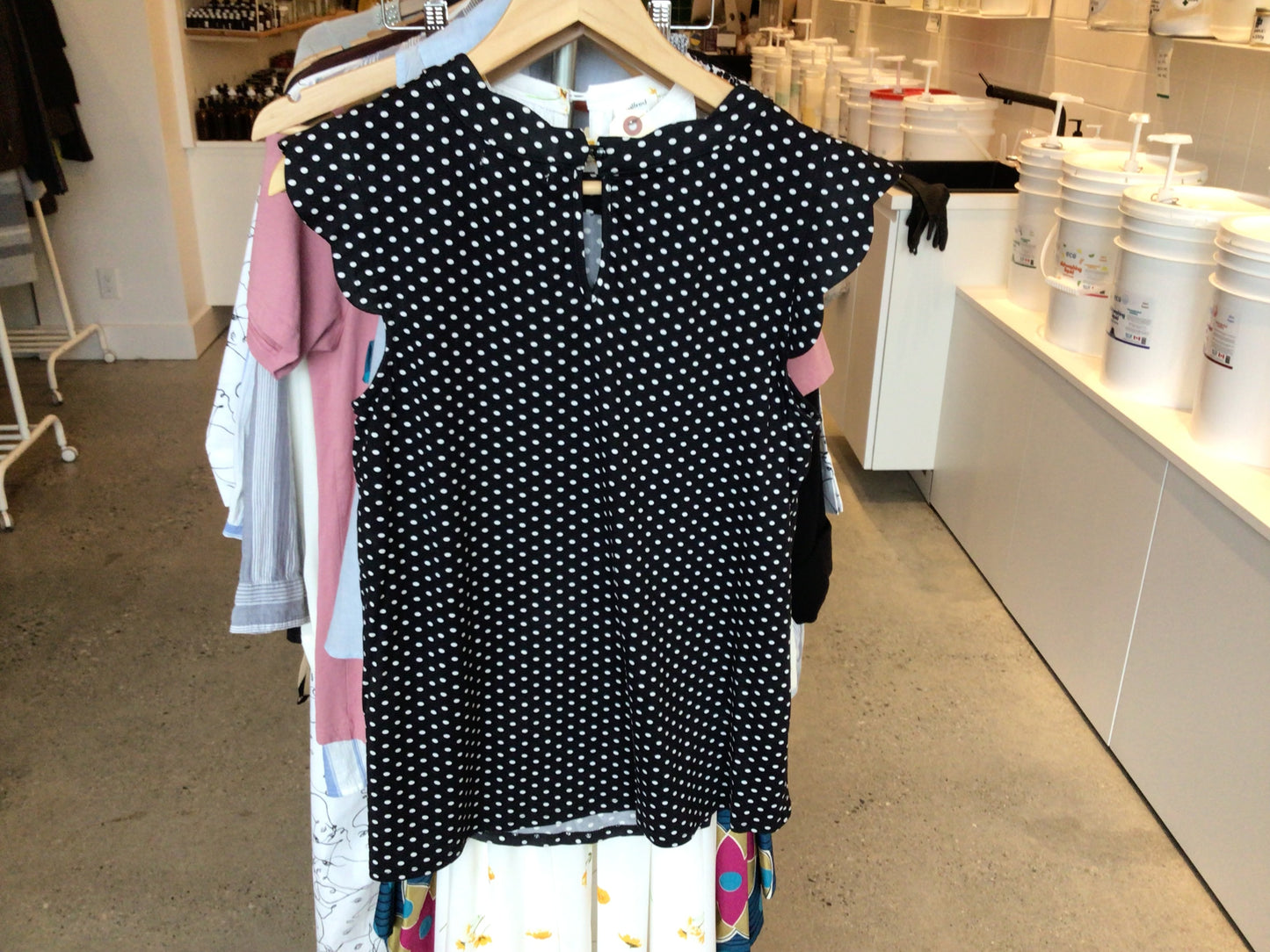 Consignment 2513-04	Faith and Joy. Black Polka Dot Blouse sz.