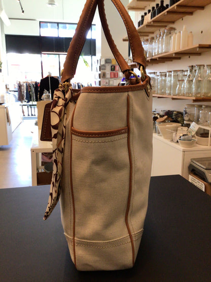 Consignment 0089-01 Coach Leatherware tote. Cream and tan canvas.